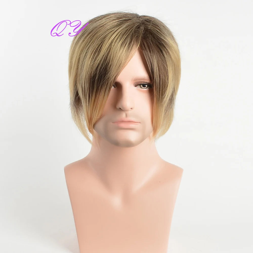 Men's synthetic wig brown (# 4) short curly hair men's wig fashion style adjustable size breathable wig men's 2023