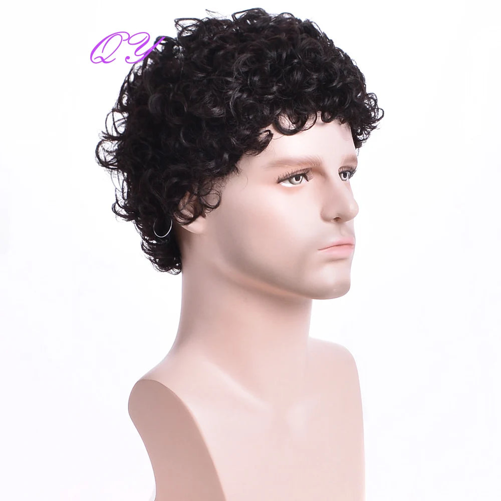 Men's synthetic wig brown (# 4) short curly hair men's wig fashion style adjustable size breathable wig men's 2023
