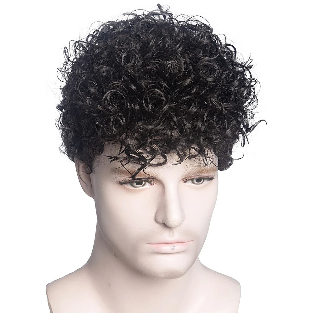 Men's synthetic wig brown (# 4) short curly hair men's wig fashion style adjustable size breathable wig men's 2023