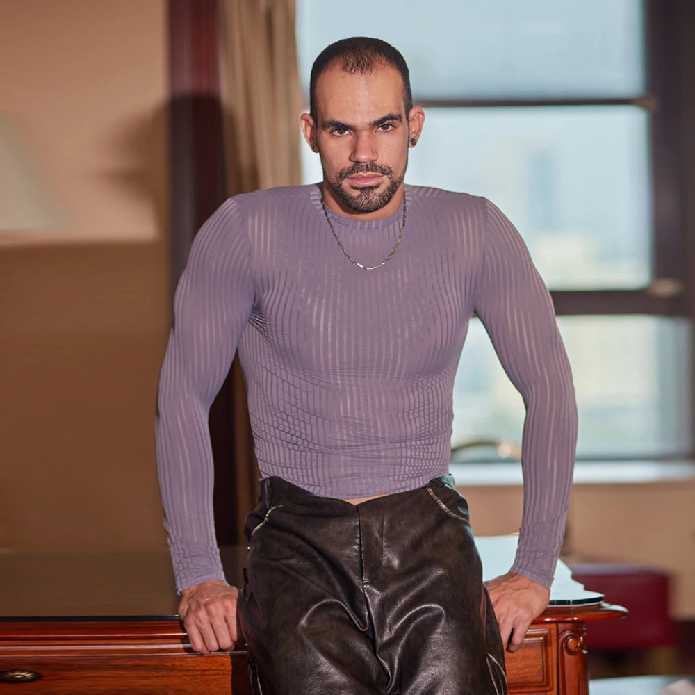 Sex Men Oil Glossy Shiny Breathable T-shrits Stripe Allure Shaper Top Bottom Wear Sheer See Through Elastic Shapewear