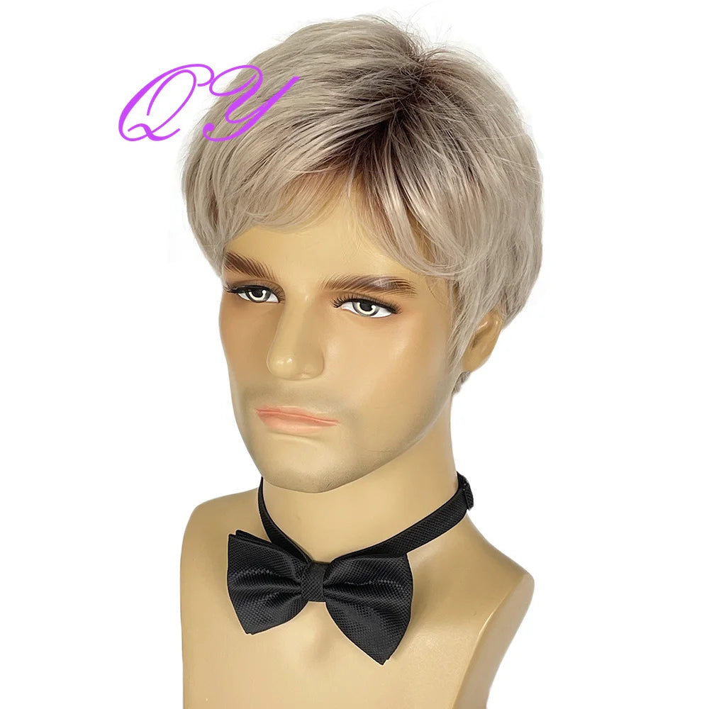Men's synthetic wig brown (# 4) short curly hair men's wig fashion style adjustable size breathable wig men's 2023