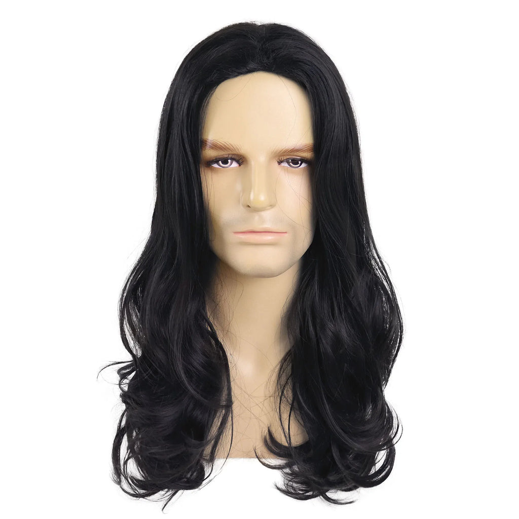 GNIMEGIL Synthetic Middle Part Natural Black Wigs for Men Long Curly Hair Wig with Cap Male Daily Party Costume Cosplay Wear