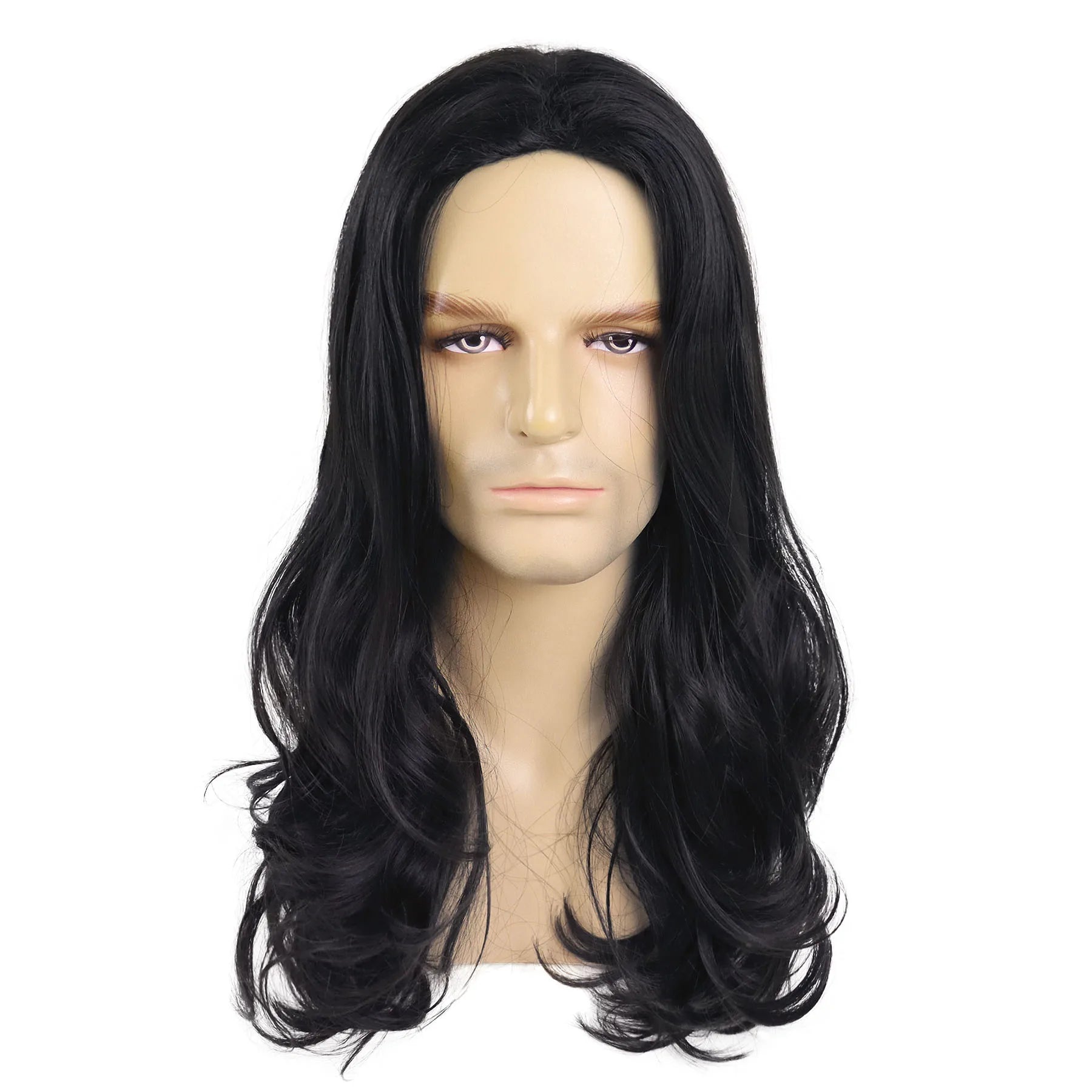 GNIMEGIL Synthetic Middle Part Natural Black Wigs for Men Long Curly Hair Wig with Cap Male Daily Party Costume Cosplay Wear