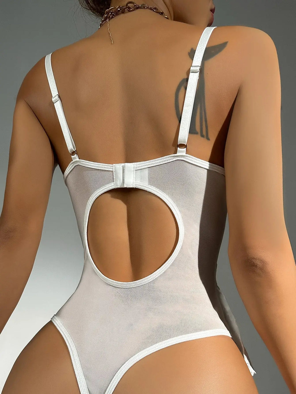 European Style Shapewear Bodysuit - Sheer Lace Backless Teddy with Heart Details (Sexy Lingerie)