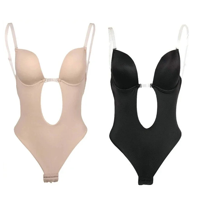 Invisible Shaper Bra Bodysuit Corset Backless Deep V-Neck U Plunge Thong Waist Trainer Clear Strap Padded Push Up Shapewear