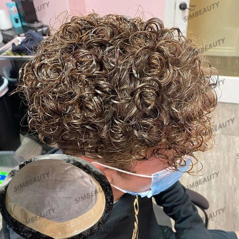 Men's Wigs Human Hair Super Durable Mono 20MM Curly Toupee Men Capillary Prosthesis Hair Unit Replacement System Pieces For Male