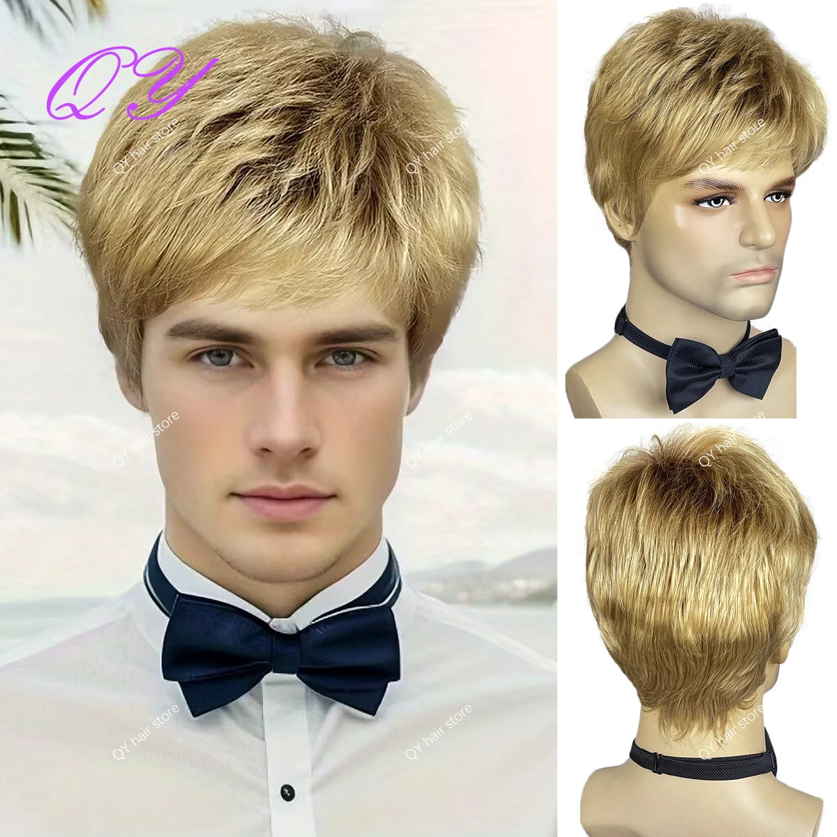 Men's synthetic wig brown (# 4) short curly hair men's wig fashion style adjustable size breathable wig men's 2023