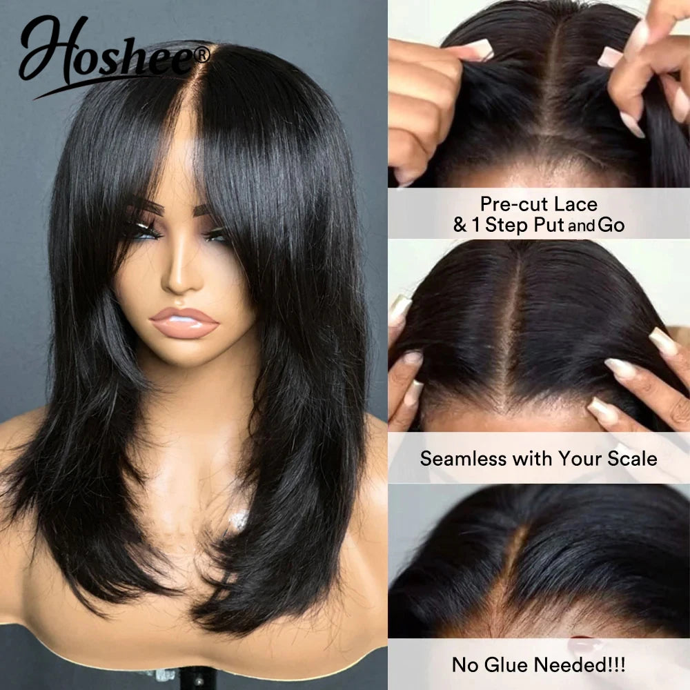 Wear And Go Wig With Layered Bang Glueless Ready To Wear Straight 360 Full lace Human Hair Wigs For Women 5x5 Lace Closure Wig