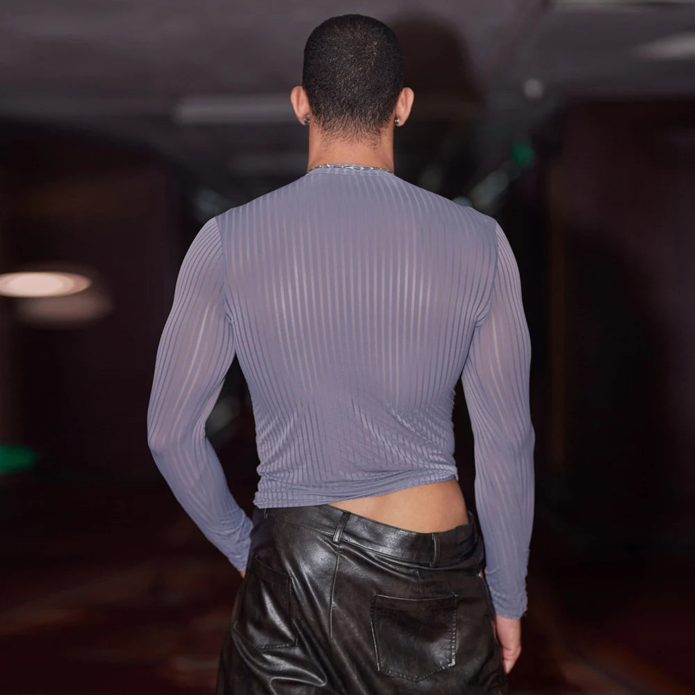 Sex Men Oil Glossy Shiny Breathable T-shrits Stripe Allure Shaper Top Bottom Wear Sheer See Through Elastic Shapewear