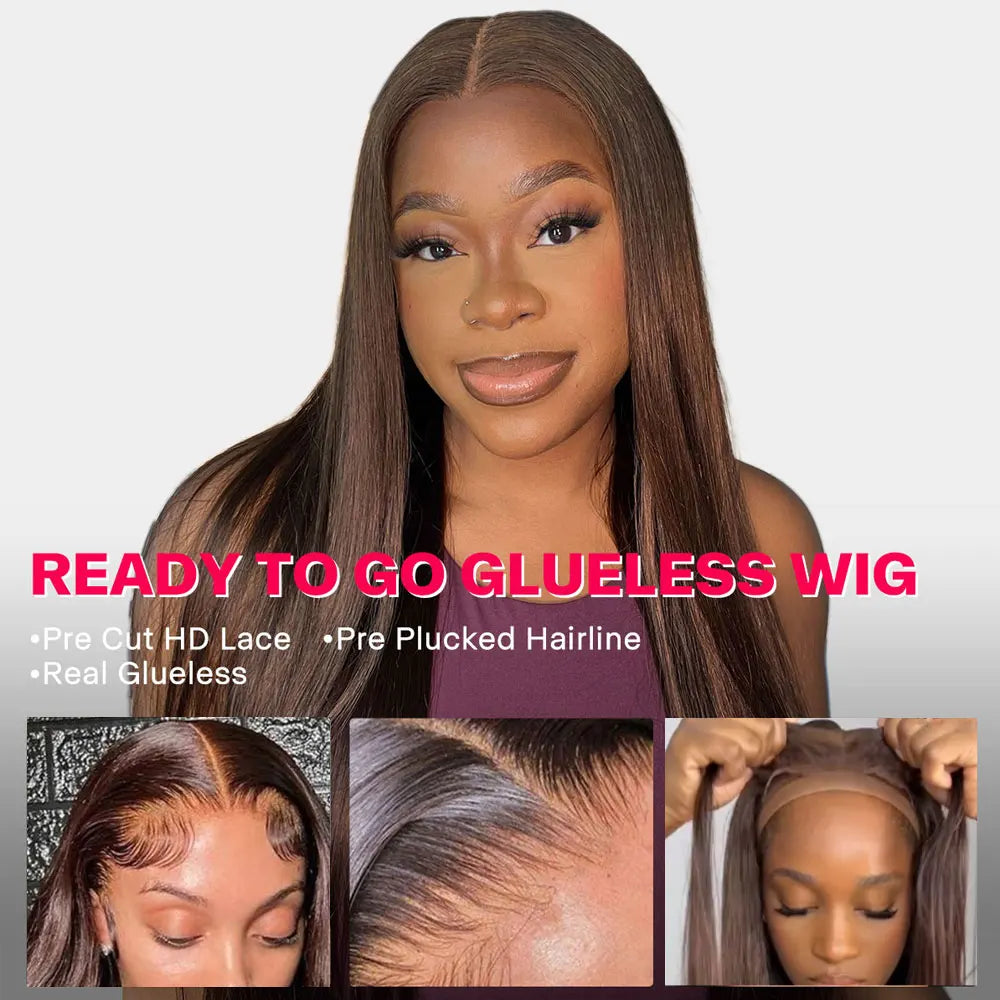 Wear Go Glueless Wig Preplucked Chocolate Brown #4 Dark Brown Straight Human Hair Wigs Ready To Go HD Lace Front Human Hair Wigs