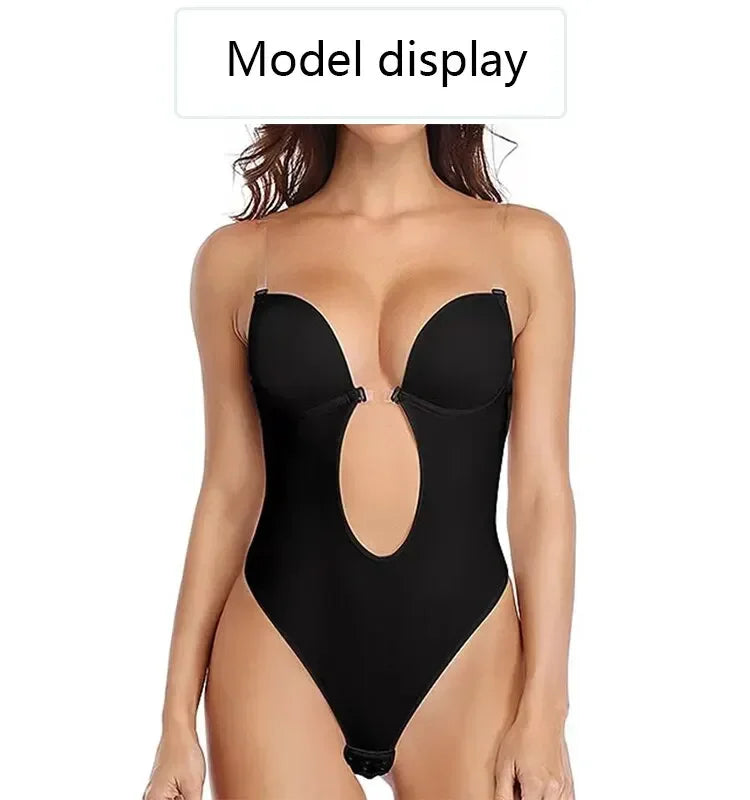 Women Shapers Underwear Backless Bodysuit Shapewear Deep V-Neck Body U Plunge Clear Strap Padded Push Up Corset