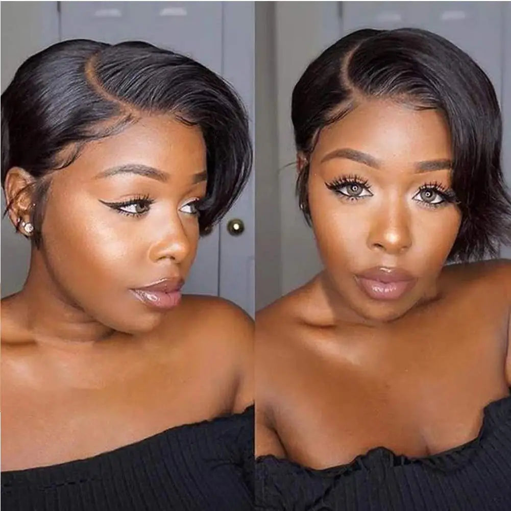 Human Hair Wigs Short Straight Bob Wig T Part Transparent Lace Wig For Women Preplucked Hairline Pixie Cut Wig Perruque Femme