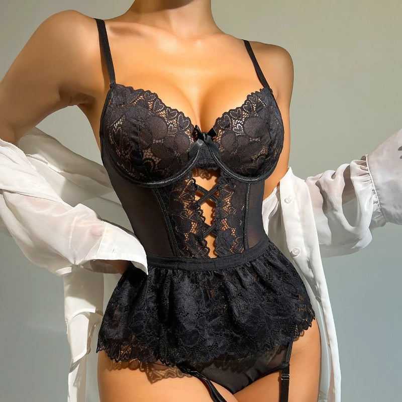 European Style Shapewear Bodysuit - Sheer Lace Backless Teddy with Heart Details (Sexy Lingerie)