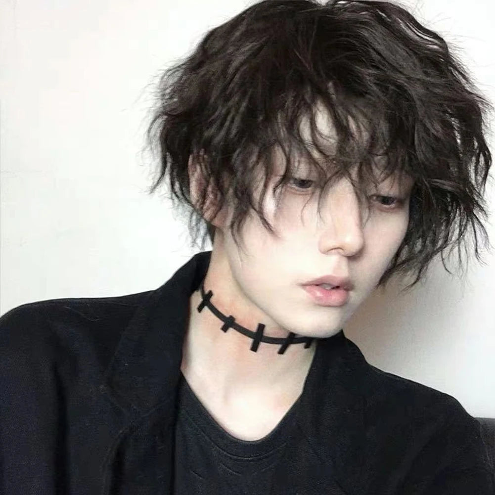 Short Natural Curly Wig For Men Black Synthetic Hair with Bangs Faux Hairs