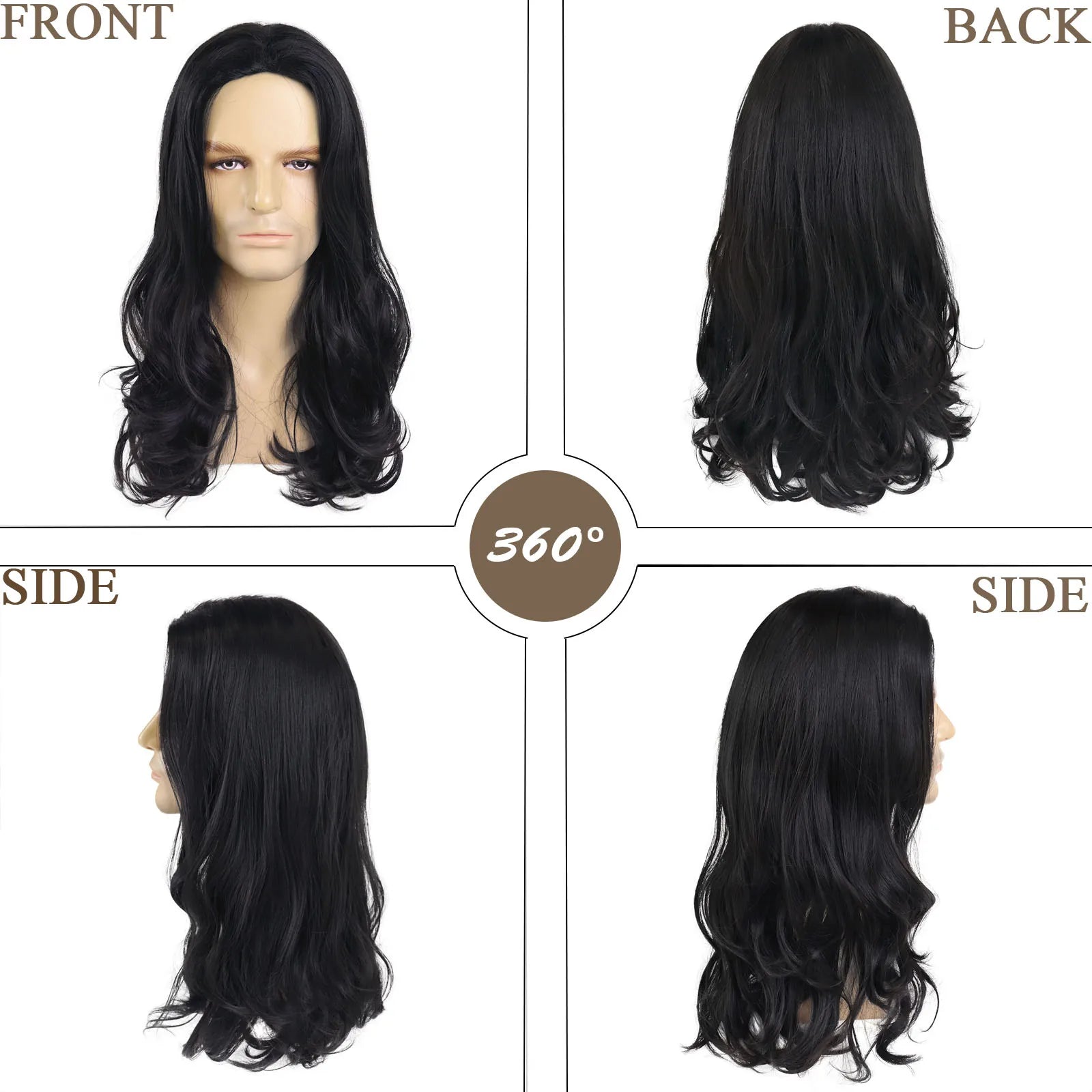 GNIMEGIL Synthetic Middle Part Natural Black Wigs for Men Long Curly Hair Wig with Cap Male Daily Party Costume Cosplay Wear