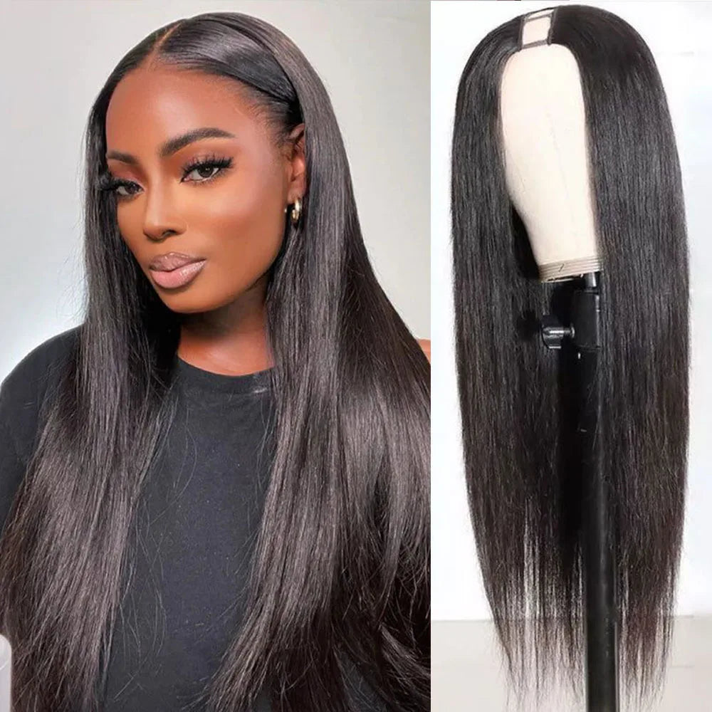 V Part Wigs Human Hair 100% Straight Human Hair Wigs No Leave Out Machine Made 250 Density Natural Black Beginner Friendly