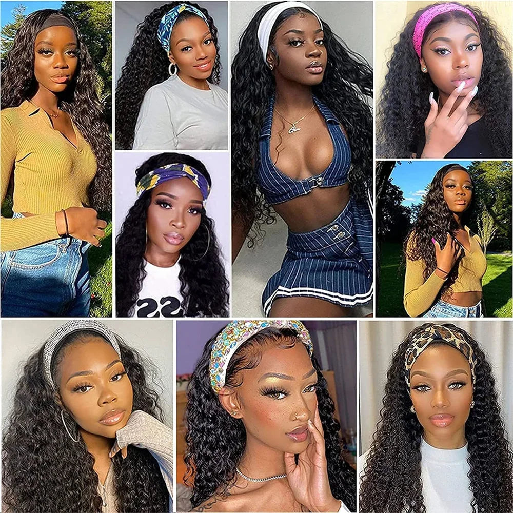 Curly Human Hair Wigs Water Wave Headband Wig No Glue No Lace 180 Density Brazilian Curly Wigs For Women Ready To Wear And Go