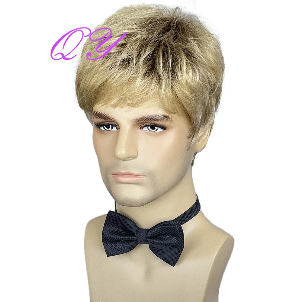 Men's synthetic wig brown (# 4) short curly hair men's wig fashion style adjustable size breathable wig men's 2023