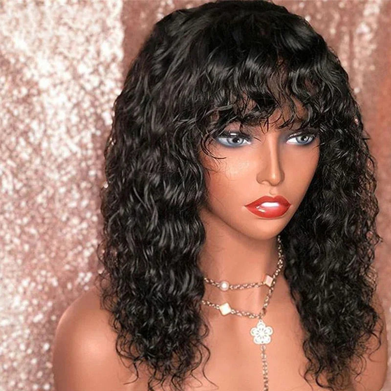 Brazilian Kinky Curly Wig Human Hair Wigs With Bangs Full Machine Made Wigs Cheap Remy Human Hair Culry Glueless Wig For Women