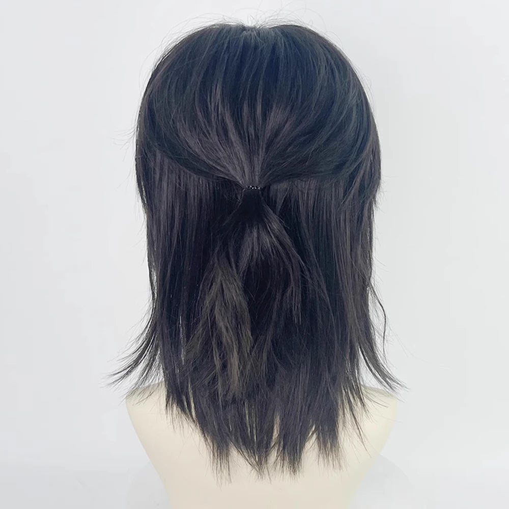 Short Mullet Head Wigs with Bangs Synthetic Straight Anime Men Black Gray Green Hair Wig for Daily Party Cosplay