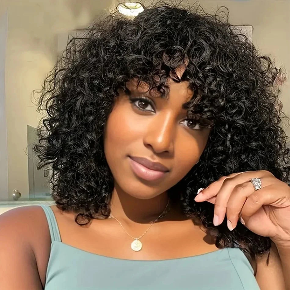 Water Wave Human Hair Wig With Bangs Indian Curly Hair Wigs Full Machine Made Human Hair Wig For Women