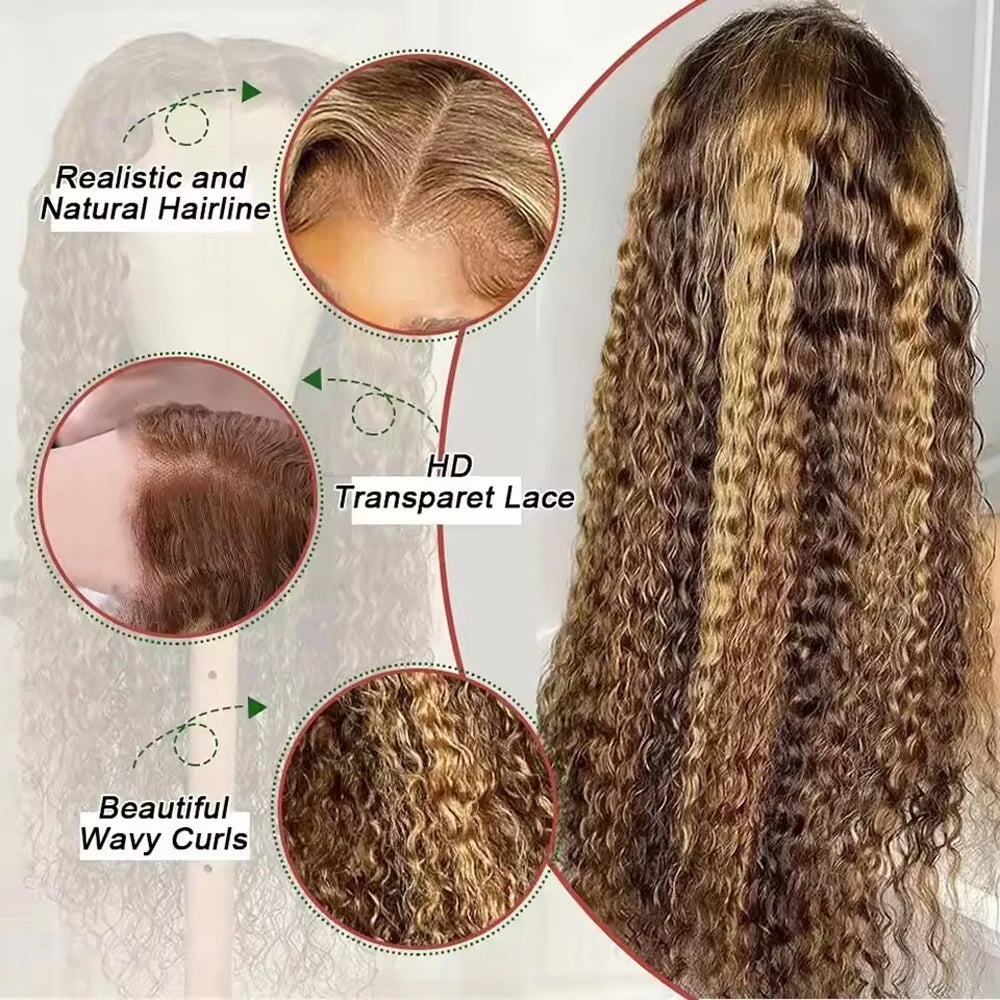 Highlight Curly Human Hair 13X4 Lace Front Wigs Human Hair 200 Density Pre Plucked Wig Water Wave Human Hair Wig For Black Women