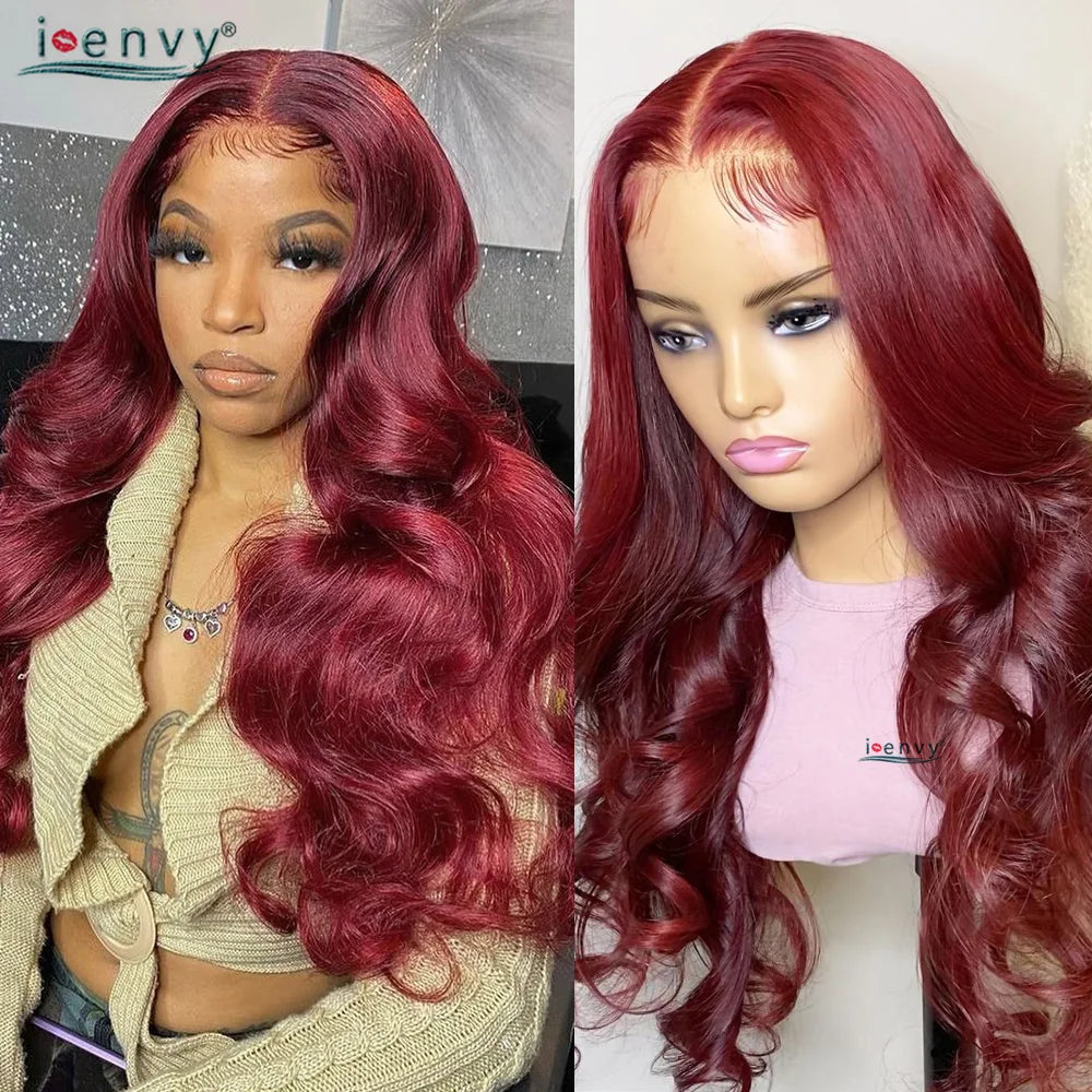 Burgundy Human Hair Wigs Pre Plucked Body Wave 13X4 Hd Lace Frontal Wig For Women Cherry Red Colored Curly Wig On Sale 30 34Inch