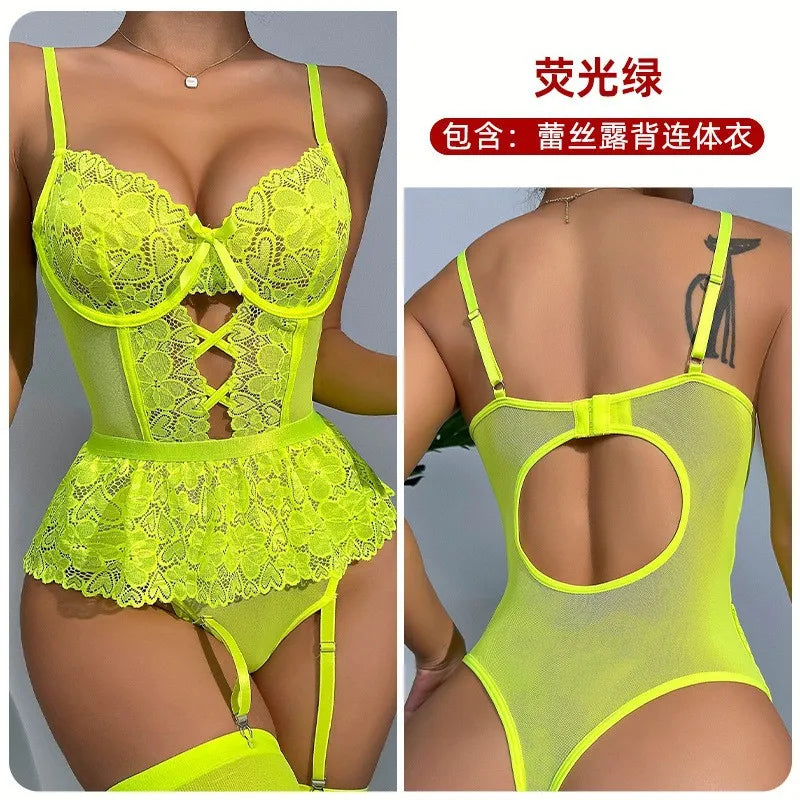 European Style Shapewear Bodysuit - Sheer Lace Backless Teddy with Heart Details (Sexy Lingerie)