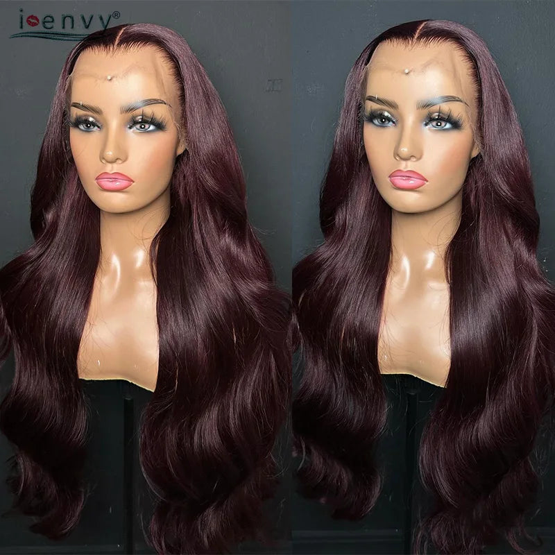 Burgundy Human Hair Wigs Pre Plucked Body Wave 13X4 Hd Lace Frontal Wig For Women Cherry Red Colored Curly Wig On Sale 30 34Inch