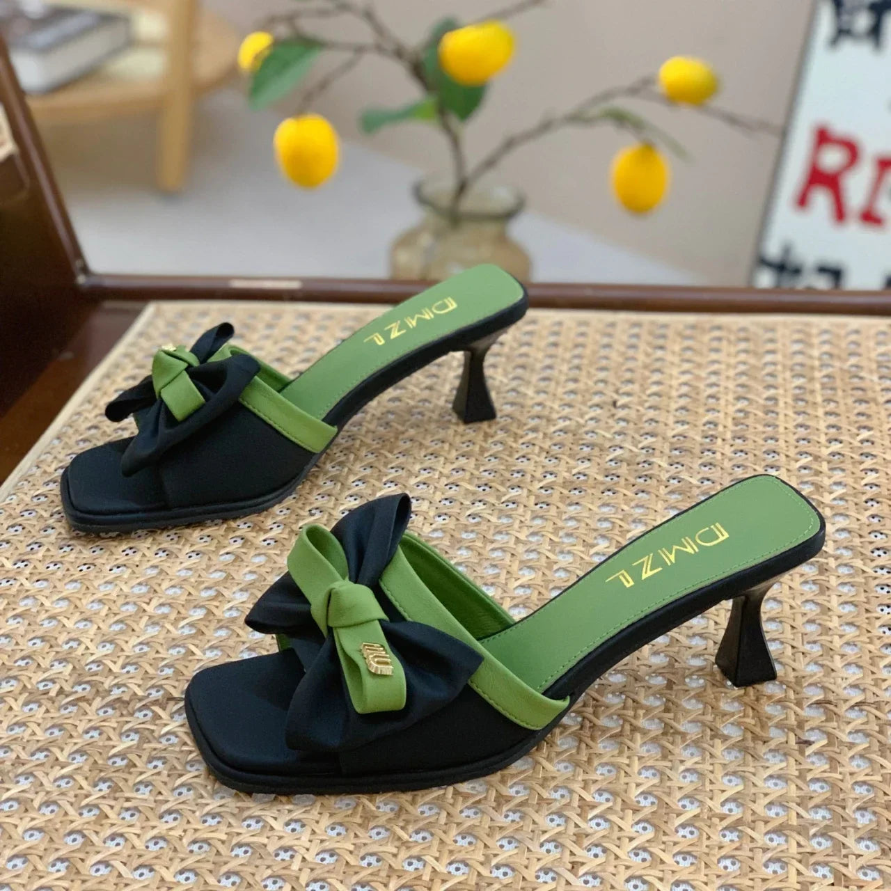 Fashion Square Toe High-heeled Slippers for Women Summer Korean Style Outdoor Slip on Stiletto Bowknot Sandals Sandalias Mujer
