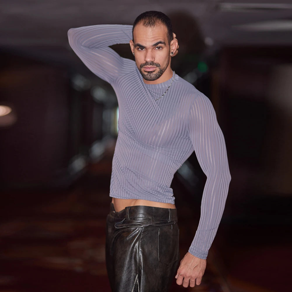 Sex Men Oil Glossy Shiny Breathable T-shrits Stripe Allure Shaper Top Bottom Wear Sheer See Through Elastic Shapewear