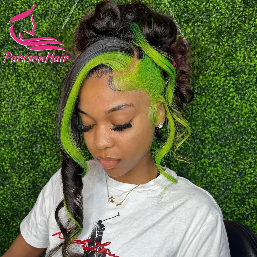 Highlight Human Hair Wig Green With Black 13x6 HD Transparent Lace Front Wigs Body Wave Colored Lace Frontal Wigs For Women