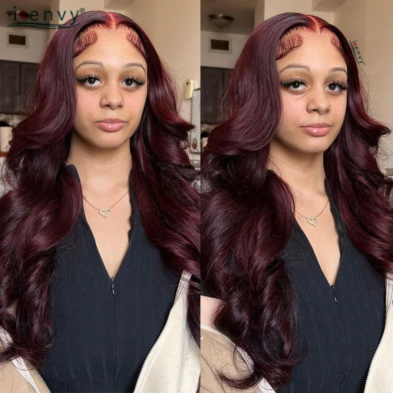Burgundy Human Hair Wigs Pre Plucked Body Wave 13X4 Hd Lace Frontal Wig For Women Cherry Red Colored Curly Wig On Sale 30 34Inch