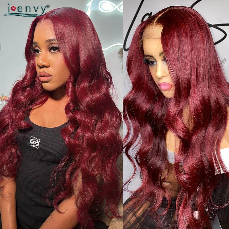 Burgundy Human Hair Wigs Pre Plucked Body Wave 13X4 Hd Lace Frontal Wig For Women Cherry Red Colored Curly Wig On Sale 30 34Inch