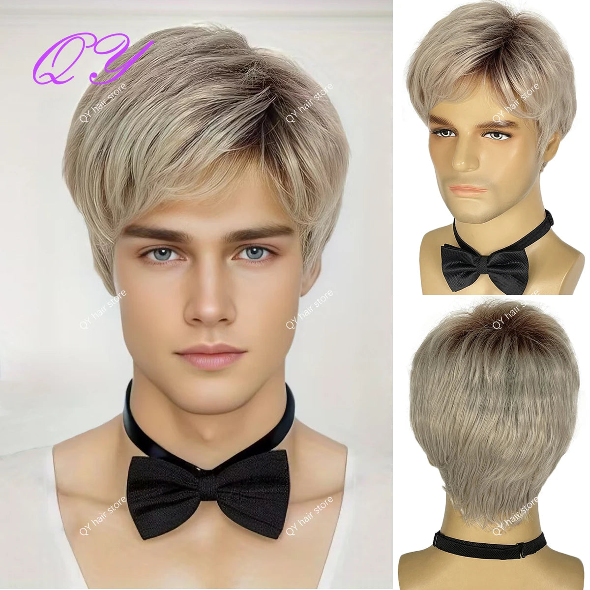 Men's synthetic wig brown (# 4) short curly hair men's wig fashion style adjustable size breathable wig men's 2023