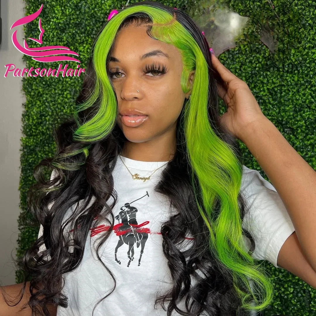 Highlight Human Hair Wig Green With Black 13x6 HD Transparent Lace Front Wigs Body Wave Colored Lace Frontal Wigs For Women