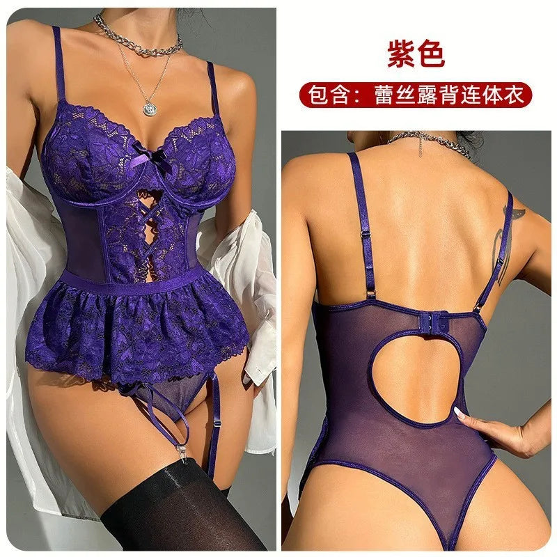 European Style Shapewear Bodysuit - Sheer Lace Backless Teddy with Heart Details (Sexy Lingerie)