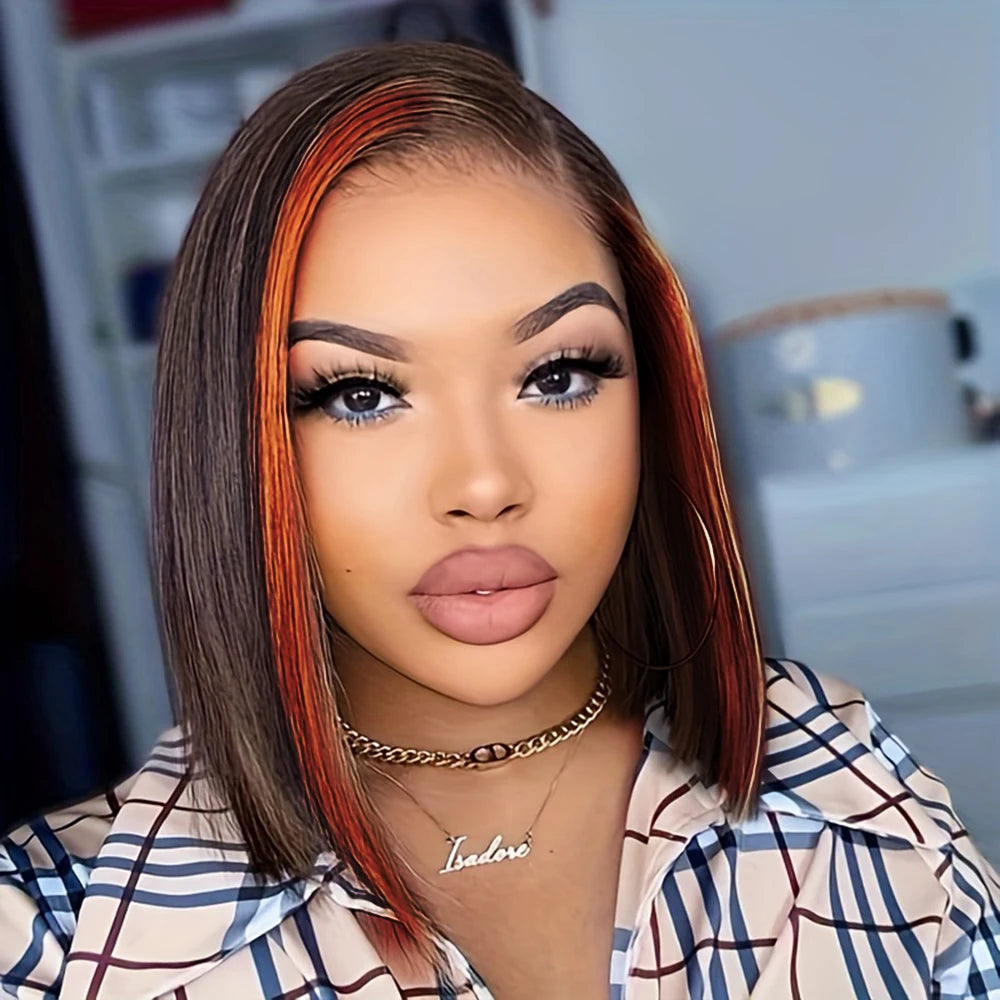 13x4 Lace Front Human Hair Wigs Straight Bob Wigs For Women Pre Plucked Brown Ombre Highlight Lace Wig Bob