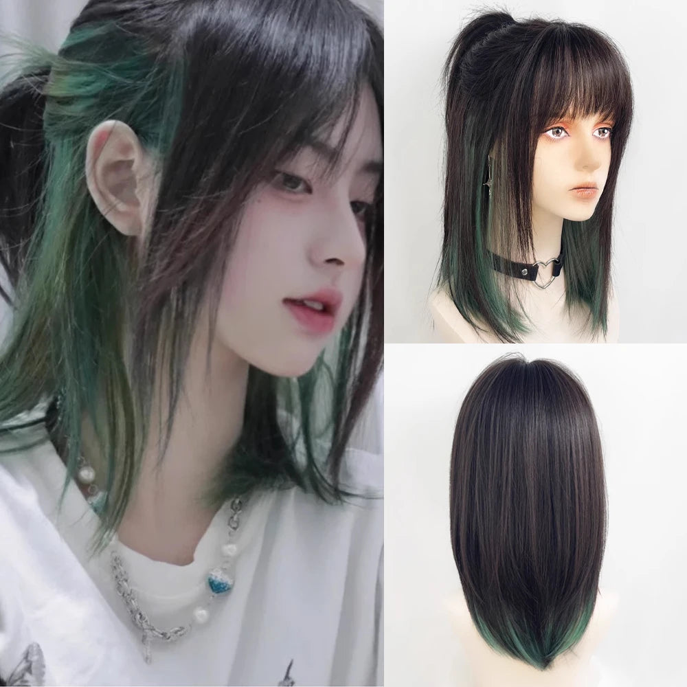 Short Mullet Head Wigs with Bangs Synthetic Straight Anime Men Black Gray Green Hair Wig for Daily Party Cosplay
