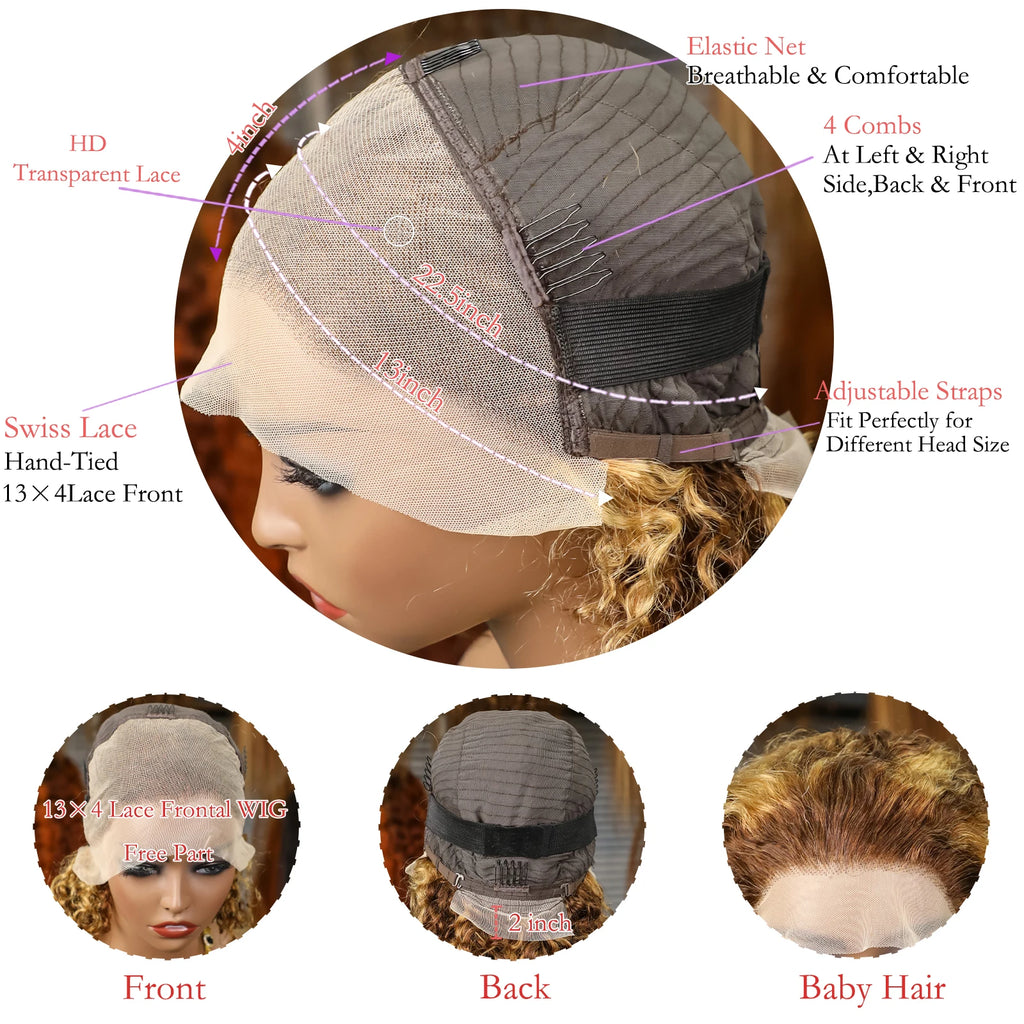 4/27 Highlight Curly Wigs 13x4 HD Transparent Lace Frontal Human Hair Wig Short Brazilian Brown Blonde Color Water Wave Bob Wigs