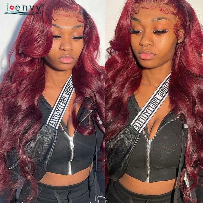 Burgundy Human Hair Wigs Pre Plucked Body Wave 13X4 Hd Lace Frontal Wig For Women Cherry Red Colored Curly Wig On Sale 30 34Inch