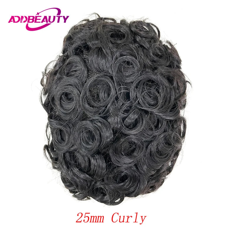 Water Curly Human Hair Wig for Men Thin Skin Male Toupee Human Hair Full PU 0.14cm Man's Wigs Capillary With Knots Natural Color