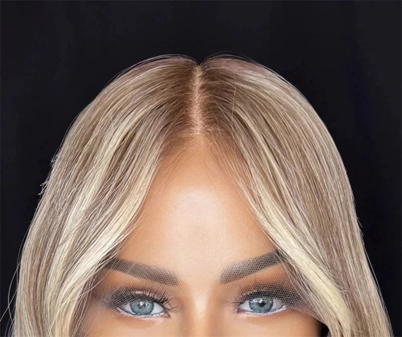 Natural Wave Lace Front Wig Golden Blonde Highlights Synthetic mixed Human Hair Wig Cheap Wigs on clearance Glueless WEar and Go