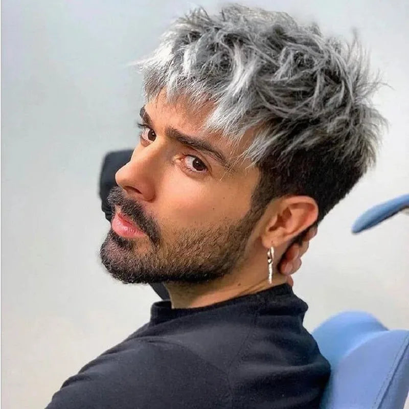 Men's Synthetic Wig Gray Mixed Black Short Hair Man Cosplay Hairstyle Toupee Good Gifts for Male Replacement Wigs