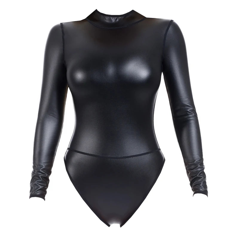 Women Sexy Shapewear Back Zipper High Neck Body Shapers Long sleeve Faux Leather Bodysuit Stage Performance One Pieces Jumpsuits