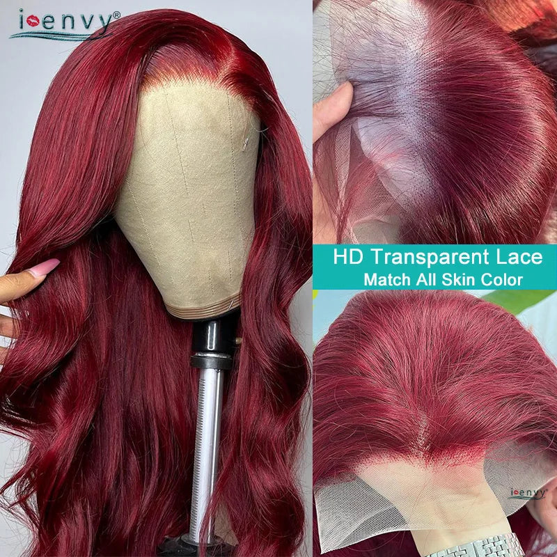 Burgundy Human Hair Wigs Pre Plucked Body Wave 13X4 Hd Lace Frontal Wig For Women Cherry Red Colored Curly Wig On Sale 30 34Inch