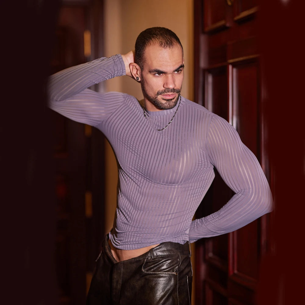 Sex Men Oil Glossy Shiny Breathable T-shrits Stripe Allure Shaper Top Bottom Wear Sheer See Through Elastic Shapewear