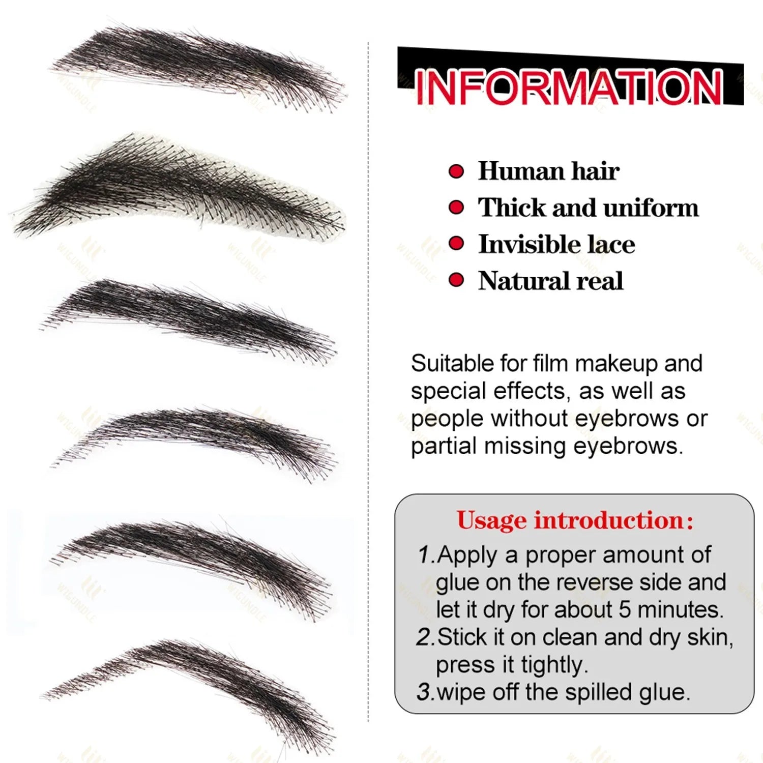WIGUNDLE Women/Man's Eyebrows Hair Eyebrows Six Style 100% Human Hair Artificial Weaving Lace Workers' Hair Braided Eyebrow Wigs