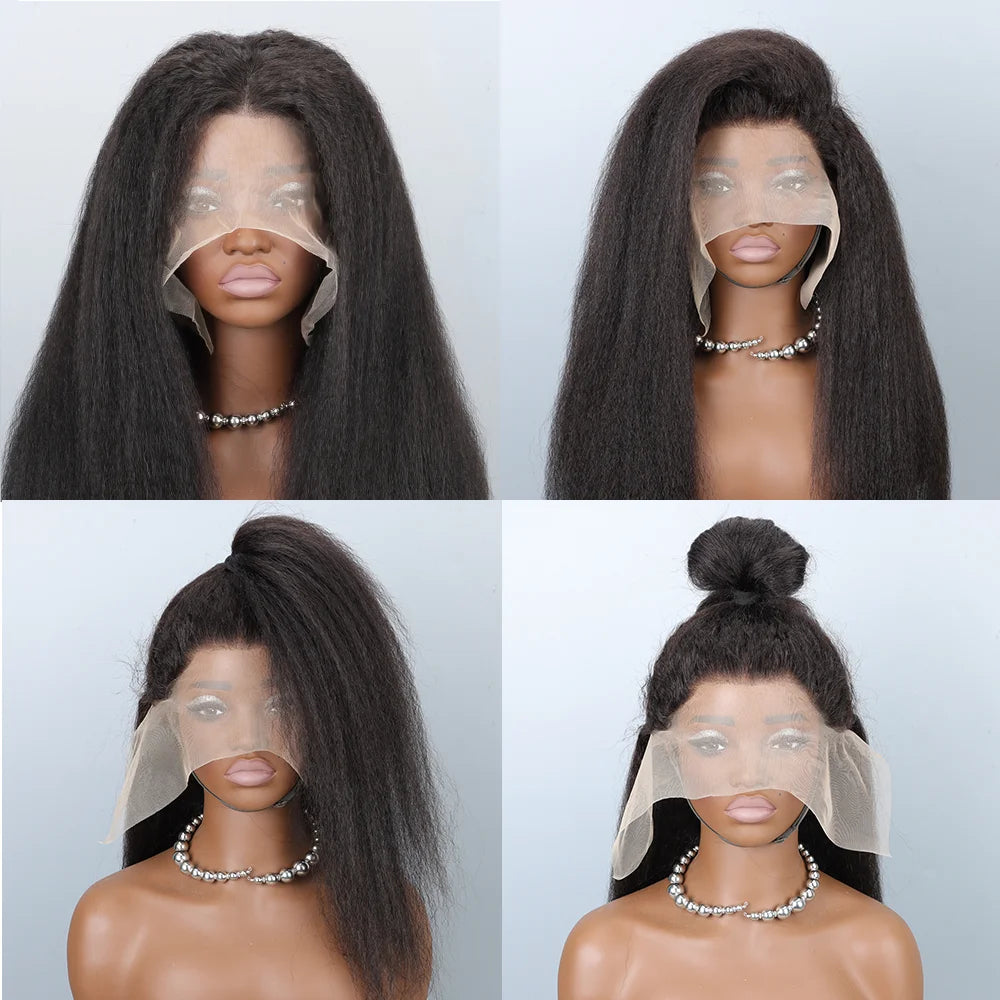 Kinky Straight Human hair Wig 13X6 Transparent Lace Front Wigs Yaki Straight 180% Density Natural Black