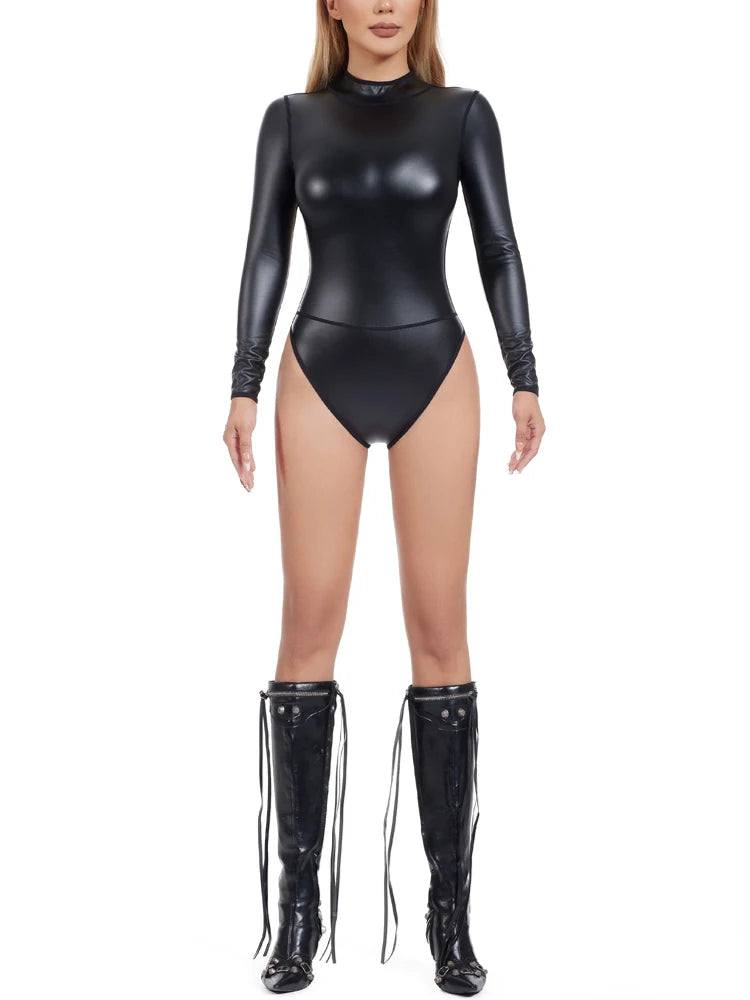 Women Sexy Shapewear Back Zipper High Neck Body Shapers Long sleeve Faux Leather Bodysuit Stage Performance One Pieces Jumpsuits